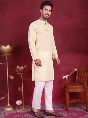 Men yellow embroidered georgette kurta pajama 5