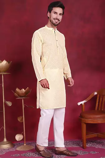 Men yellow embroidered georgette kurta pajama