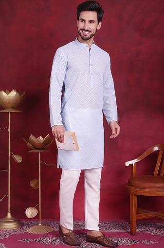 Men blue embroidered georgette kurta pajama