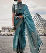 Light Teal Banarasi Style Silk Blend Designer Border And Pallu Saree With Blouse For Women 