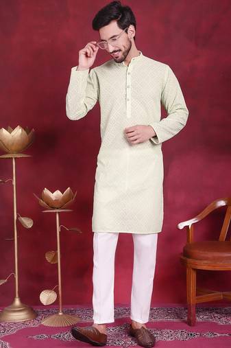 Men green embroidered georgette kurta pajama