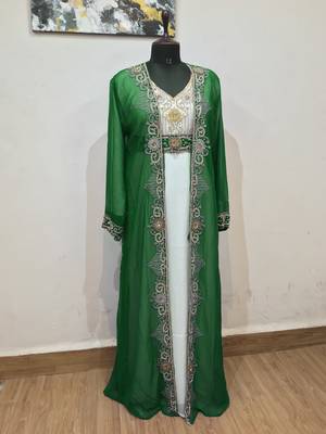 Green & White color Full Sleeves Handmade Two-Piece Jacket Style Moroccan Kaftan 1