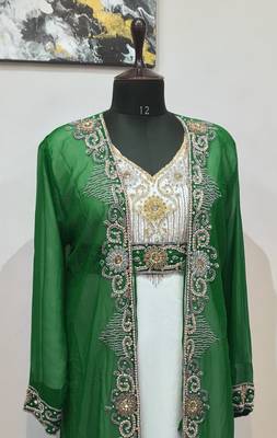 Green & White color Full Sleeves Handmade Two-Piece Jacket Style Moroccan Kaftan 2