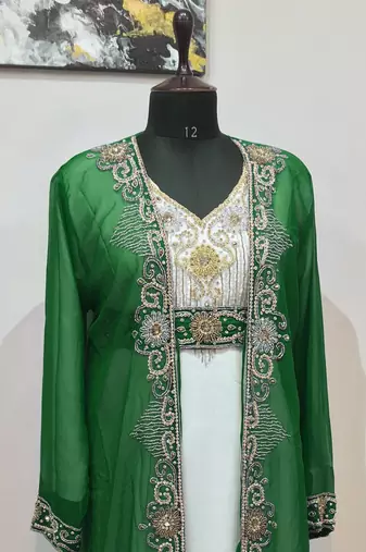 Green & White color Full Sleeves Handmade Two-Piece Jacket Style Moroccan Kaftan