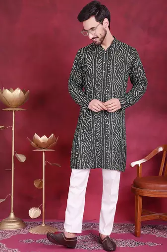 Men green printed viscose rayon kurta pajama