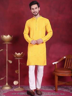 Men yellow embroidered viscose rayon kurta pajama 1