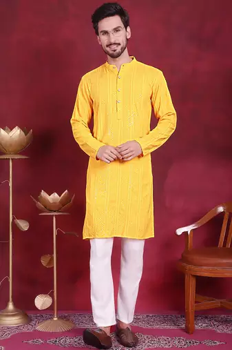 Men yellow embroidered viscose rayon kurta pajama