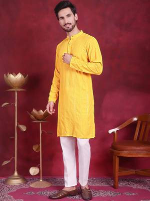 Men yellow embroidered viscose rayon kurta pajama 2