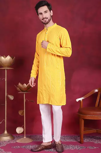 Men yellow embroidered viscose rayon kurta pajama