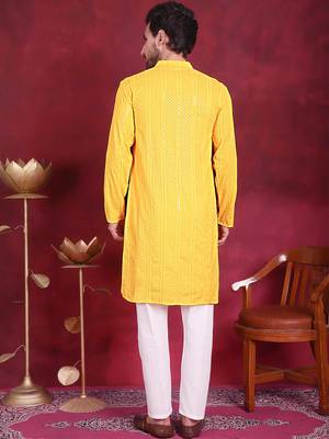 Men yellow embroidered viscose rayon kurta pajama 4