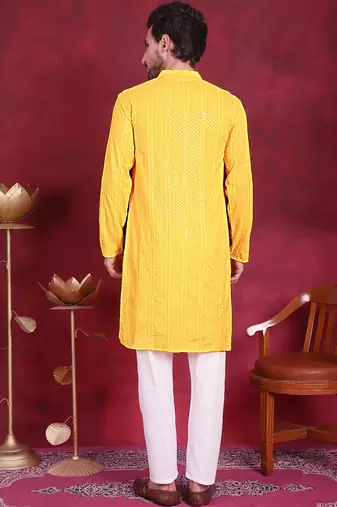 Men yellow embroidered viscose rayon kurta pajama