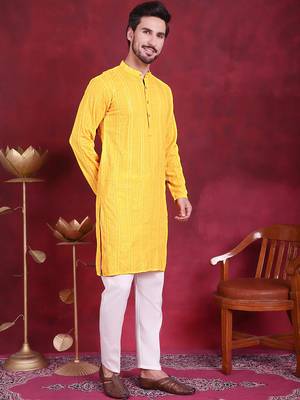 Men yellow embroidered viscose rayon kurta pajama 5