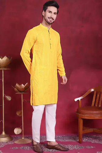 Men yellow embroidered viscose rayon kurta pajama
