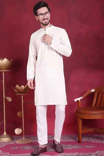 Men white embroidered viscose rayon kurta pajama