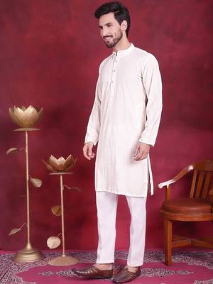 Men white embroidered viscose rayon kurta pajama 2