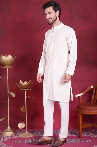 Men white embroidered viscose rayon kurta pajama