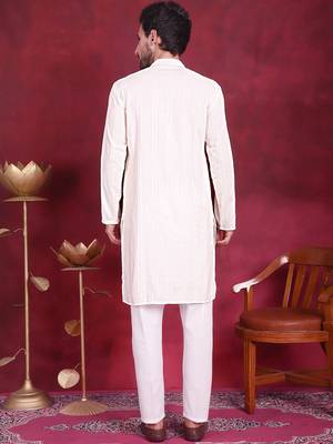 Men white embroidered viscose rayon kurta pajama 4