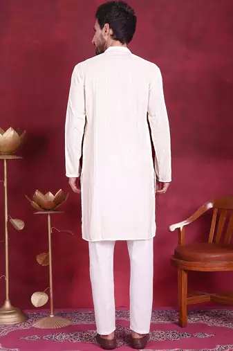 Men white embroidered viscose rayon kurta pajama