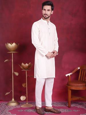 Men white embroidered viscose rayon kurta pajama 5