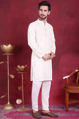 Men white embroidered viscose rayon kurta pajama