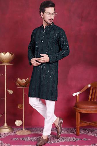 Men green embroidered viscose rayon kurta pajama