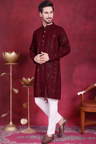 Men maroon embroidered viscose rayon kurta pajama