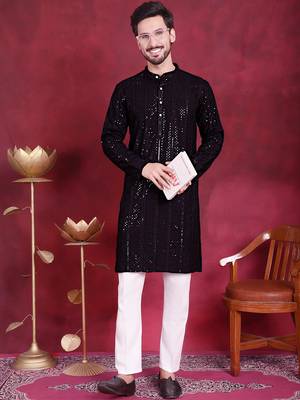 Men black embroidered viscose rayon kurta pajama 1