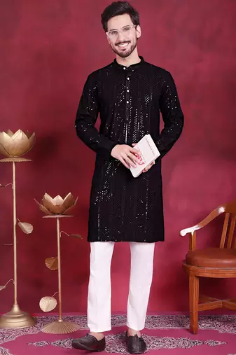 Men black embroidered viscose rayon kurta pajama
