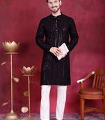 Men black embroidered viscose rayon kurta pajama