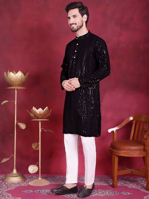 Men black embroidered viscose rayon kurta pajama 2