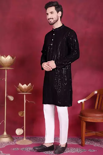 Men black embroidered viscose rayon kurta pajama