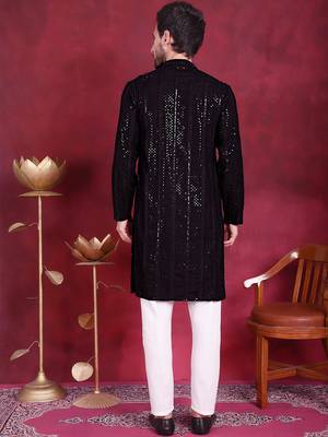 Men black embroidered viscose rayon kurta pajama 4
