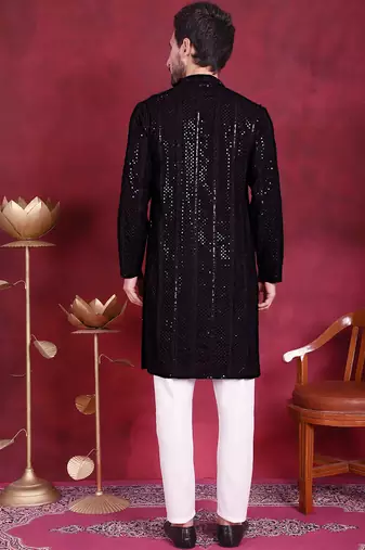 Men black embroidered viscose rayon kurta pajama
