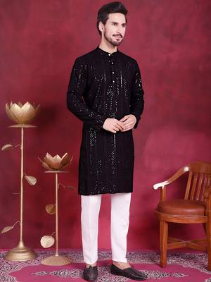 Men black embroidered viscose rayon kurta pajama 5