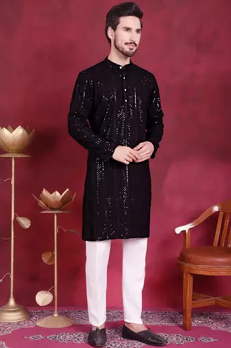 Men black embroidered viscose rayon kurta pajama