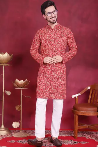 Men red printed viscose rayon kurta pajama