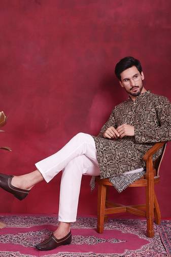 Men green printed viscose rayon kurta pajama