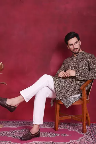 Men green printed viscose rayon kurta pajama