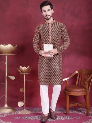 Men orange embroidered viscose rayon kurta pajama 1