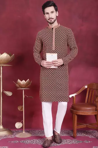 Men orange embroidered viscose rayon kurta pajama