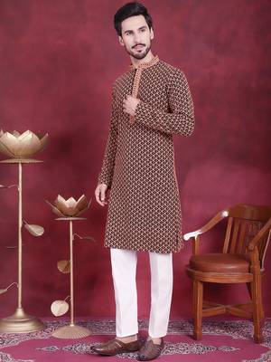 Men orange embroidered viscose rayon kurta pajama 2