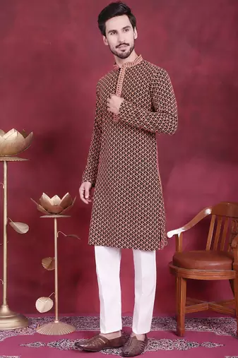 Men orange embroidered viscose rayon kurta pajama