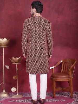 Men orange embroidered viscose rayon kurta pajama 4