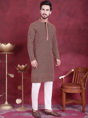 Men orange embroidered viscose rayon kurta pajama 5