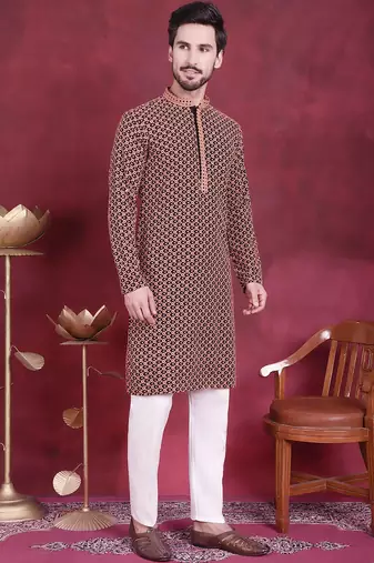 Men orange embroidered viscose rayon kurta pajama