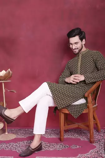 Men green embroidered viscose rayon kurta pajama