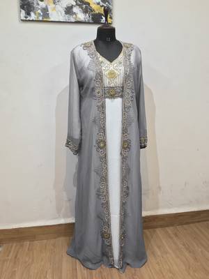 Gray & White color Full Sleeves Handmade Two Piece Jacket Style Moroccan Kaftan 1