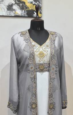 Gray & White color Full Sleeves Handmade Two Piece Jacket Style Moroccan Kaftan 2