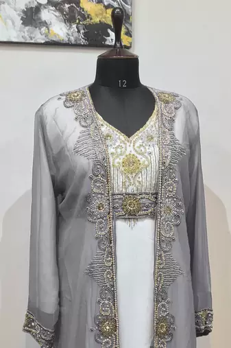 Gray & White color Full Sleeves Handmade Two Piece Jacket Style Moroccan Kaftan