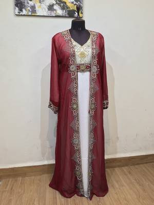 Maroon & White color Full Sleeves Handmade Two Piece Jacket Style Moroccan Kaftan 1
